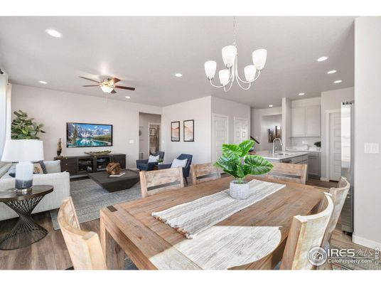 Chandelier, Dining room, Interior, Kitchen, Living room, Recessed Lighting, Wood Texture Flooring
