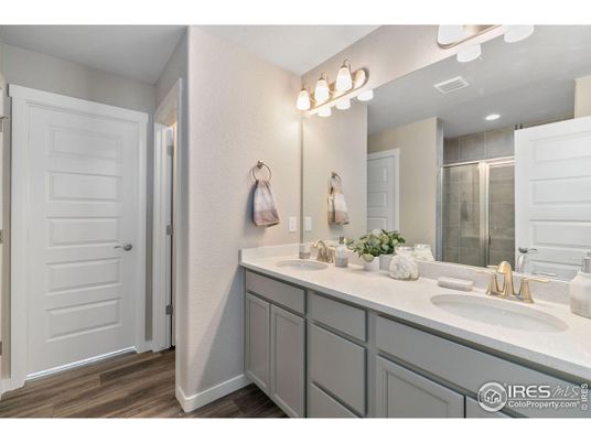 Bathroom, Dual Sink Vanities, Glass Shower, Interior, Recessed Lighting, Wood Texture Flooring