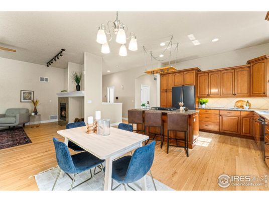 Dining room, Fireplace, Interior, Kitchen, Pendant Lights, Recessed Lighting, Wood Texture Flooring