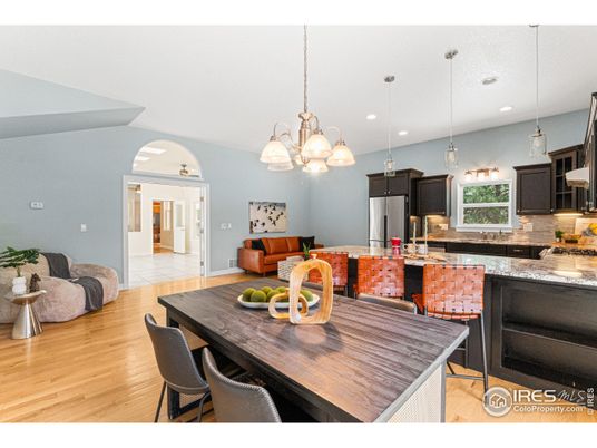 Dining room, Interior, Kitchen, Pendant Lights, Recessed Lighting, Stainless Steel Appliances, Wood Texture Flooring