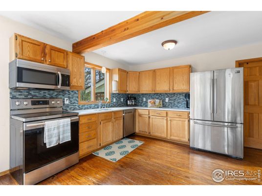 Interior, Kitchen, Stainless Steel Appliances, Wooden Beams, Wood Texture Flooring