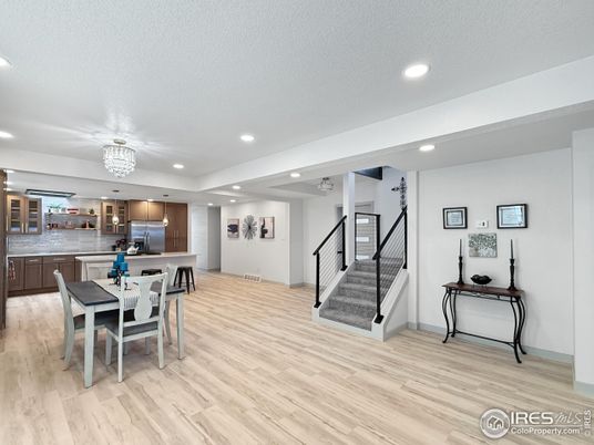 Chandelier, Dining room, Interior, Kitchen, Recessed Lighting, Wood Texture Flooring