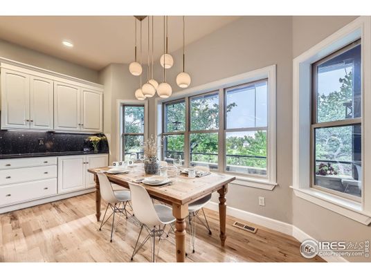 Dining room, Interior, Pendant Lights, Recessed Lighting, Wood Texture Flooring