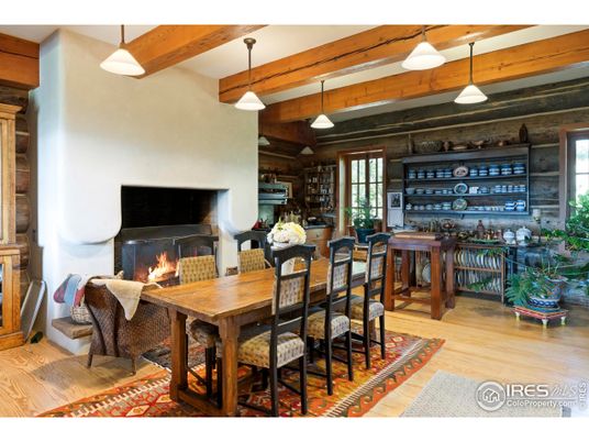Dining room, Fireplace, Interior, Pendant Lights, Wooden Beams, Wood Texture Flooring