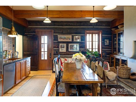 Dining room, Interior, Pendant Lights, Wooden Beams, Wood Texture Flooring, Wooden Walls