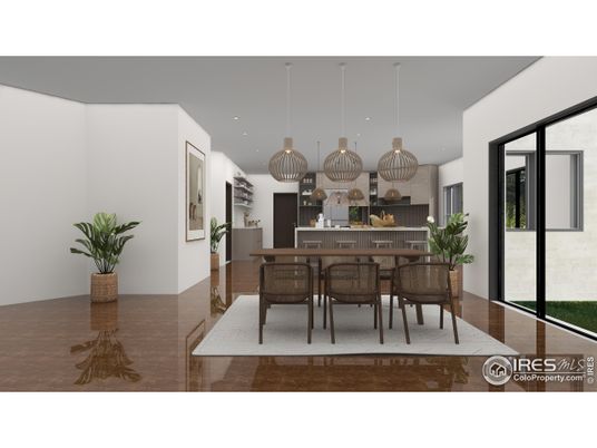 Dining room, Interior, Kitchen, Pendant Lights, Recessed Lighting, Wood Texture Flooring
