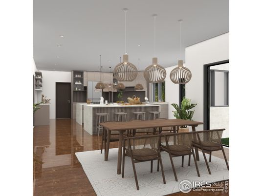 Dining room, Interior, Kitchen, Pendant Lights, Recessed Lighting, Wood Texture Flooring