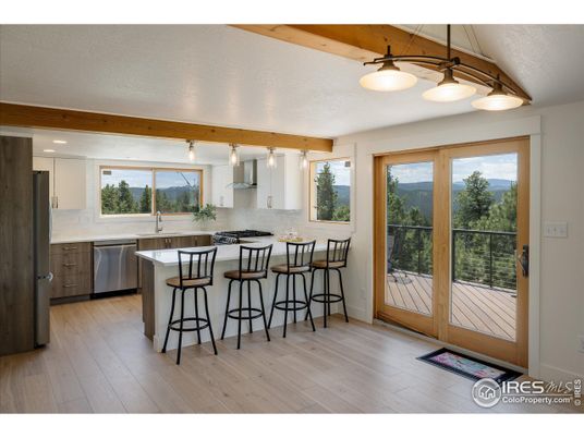 Interior, Kitchen, Pendant Lights, Recessed Lighting, Stainless Steel Appliances, Wooden Beams, Wood Texture Flooring