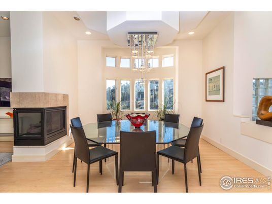 Chandelier, Dining room, Fireplace, Interior, Recessed Lighting, Wood Texture Flooring