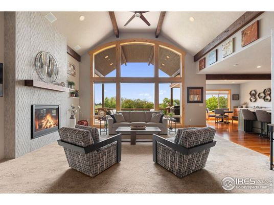 Dining room, Fireplace, Interior, Living room, Recessed Lighting, Wooden Beams, Wood Texture Flooring