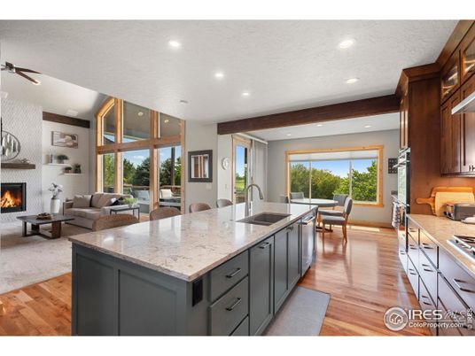 Dining room, Fireplace, Interior, Kitchen, Living room, Recessed Lighting, Wood Texture Flooring