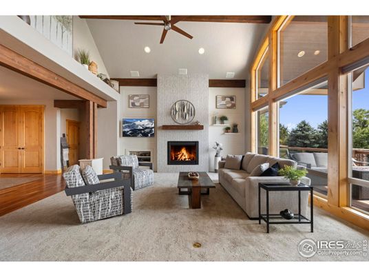 Fireplace, Interior, Living room, Recessed Lighting, Wooden Beams