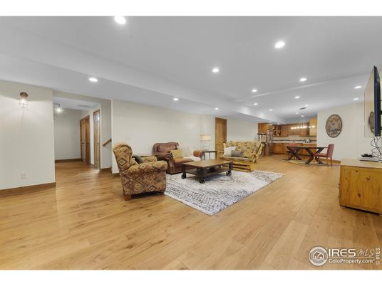 Dining room, Interior, Living room, Pendant Lights, Recessed Lighting, Wood Texture Flooring