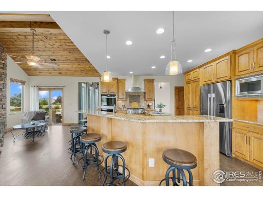 Interior, Kitchen, Pendant Lights, Recessed Lighting, Stainless Steel Appliances, Wooden Ceilings, Wood Texture Flooring
