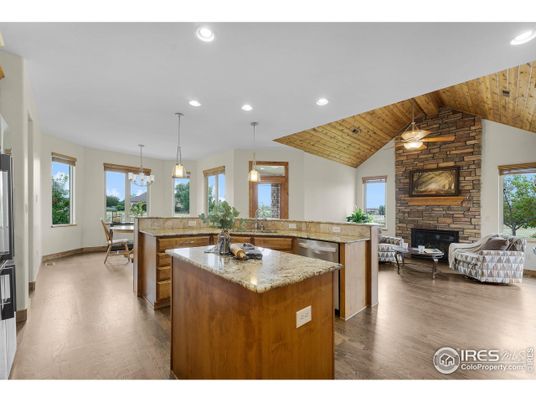 Dining room, Fireplace, Interior, Kitchen, Pendant Lights, Recessed Lighting, Stone Walls, Wooden Ceilings, Wood Texture Flooring
