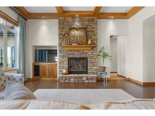 Fireplace, Interior, Recessed Lighting, Stone Walls, Wooden Beams, Wood Texture Flooring