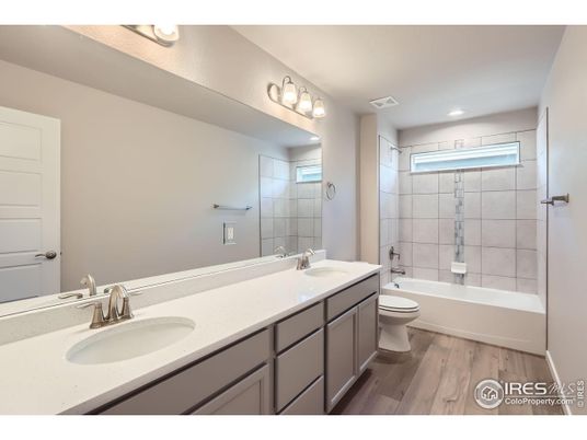 Bathroom, Dual Sink Vanities, Interior, Recessed Lighting, Wood Texture Flooring