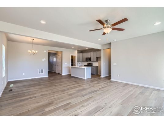 Chandelier, Empty room, Interior, Kitchen, Recessed Lighting, Wood Texture Flooring