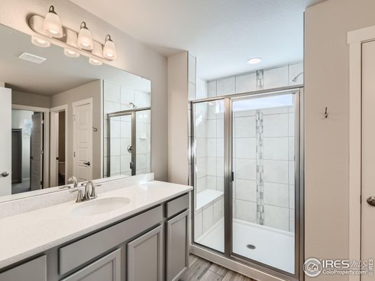 Bathroom, Glass Shower, Interior, Recessed Lighting, Wood Texture Flooring