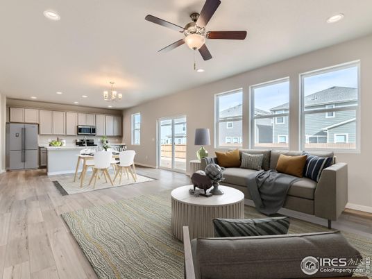 Chandelier, Dining room, Interior, Kitchen, Living room, Recessed Lighting, Wood Texture Flooring