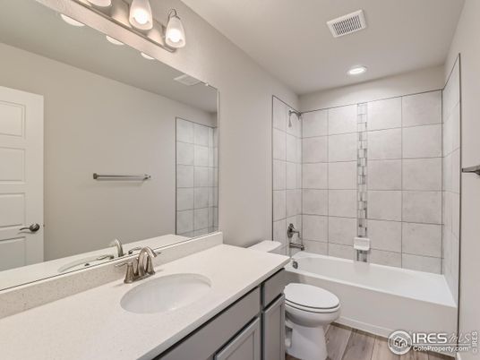 Bathroom, Dual Sink Vanities, Interior, Recessed Lighting, Wood Texture Flooring