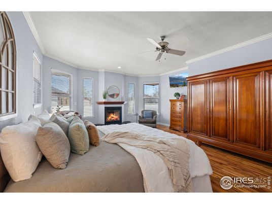 Bedroom, Fireplace, Interior, Recessed Lighting, Wood Texture Flooring