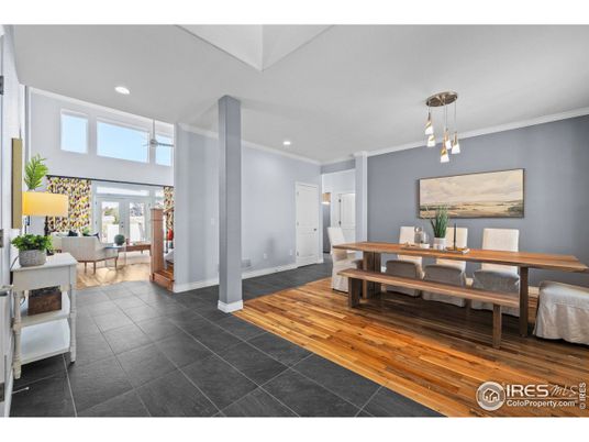 Dining room, Interior, Living room, Pendant Lights, Recessed Lighting, Wood Texture Flooring