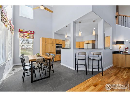 Dining room, Interior, Kitchen, Pendant Lights, Stainless Steel Appliances, Wood Texture Flooring
