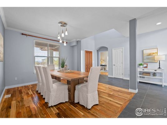 Dining room, Interior, Pendant Lights, Recessed Lighting, Wood Texture Flooring