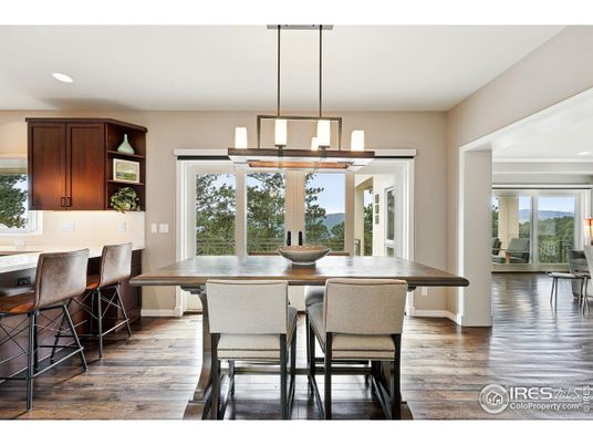 Dining room, Interior, Pendant Lights, Recessed Lighting, Wood Texture Flooring