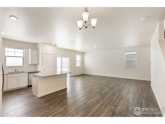 Chandelier, Empty room, Interior, Kitchen, Recessed Lighting, Wood Texture Flooring