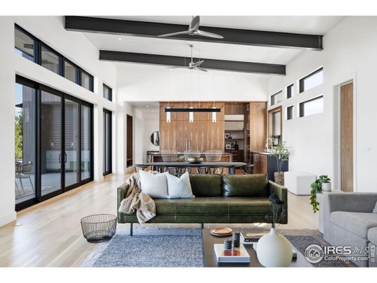 Dining room, Interior, Kitchen, Living room, Pendant Lights, Recessed Lighting, Stainless Steel Appliances, Wooden Beams, Wood Texture Flooring