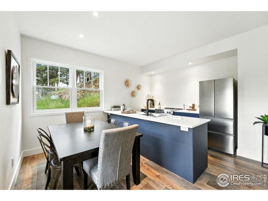 Dining room, Interior, Kitchen, Recessed Lighting, Wood Texture Flooring