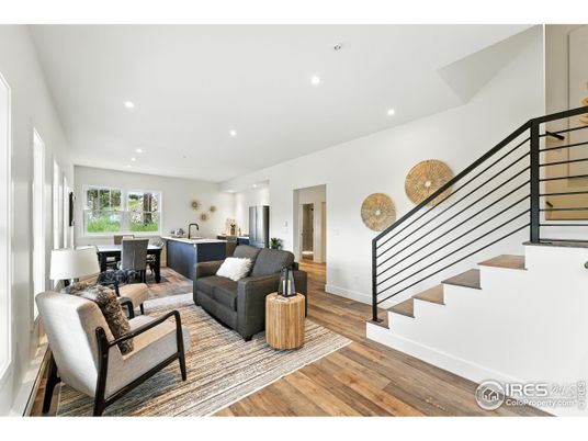 Dining room, Interior, Living room, Recessed Lighting, Wood Texture Flooring