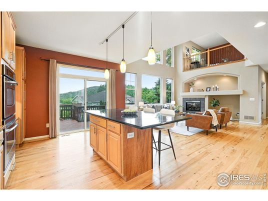 Fireplace, Interior, Kitchen, Living room, Pendant Lights, Recessed Lighting, Wood Texture Flooring