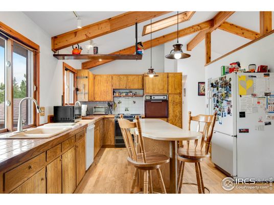 Interior, Kitchen, Pendant Lights, Tile Countertops, Wooden Beams, Wood Texture Flooring