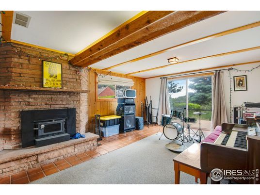 Fireplace, Interior, Piano, Stone Walls, Wooden Beams