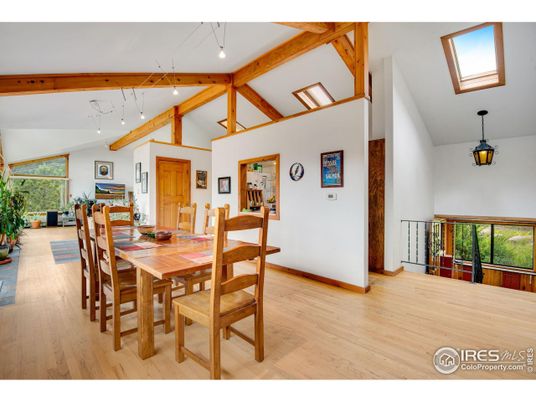 Dining room, Interior, Pendant Lights, Recessed Lighting, Wooden Beams, Wood Texture Flooring
