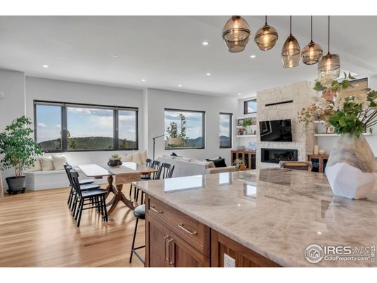 Dining room, Fireplace, Interior, Kitchen, Living room, Pendant Lights, Recessed Lighting, Wood Texture Flooring