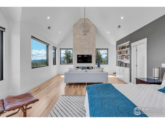 Fireplace, Interior, Living room, Pendant Lights, Recessed Lighting, Stone Walls, Wood Texture Flooring