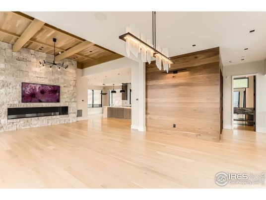 Empty room, Fireplace, Interior, Pendant Lights, Stone Walls, Wooden Ceilings, Wood Texture Flooring, Wooden Walls