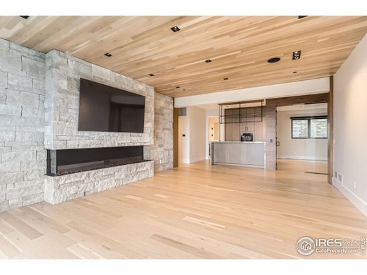 Fireplace, Interior, Recessed Lighting, Stone Walls, Wooden Ceilings, Wood Texture Flooring