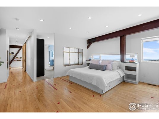 Bedroom, Interior, Recessed Lighting, Wooden Beams, Wood Texture Flooring