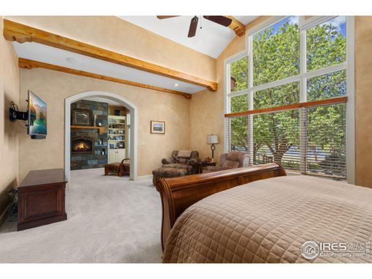 Bedroom, Fireplace, Interior, Recessed Lighting, Wooden Beams