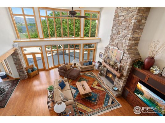 Fireplace, Interior, Living room, Stone Walls, Water, Wood Texture Flooring