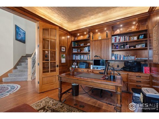 Home Office, Interior, Recessed Lighting, Wood Texture Flooring, Wooden Walls