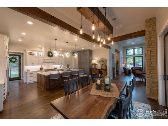 Dining room, Interior, Kitchen, Pendant Lights, Recessed Lighting, Stone Walls, Wood Texture Flooring