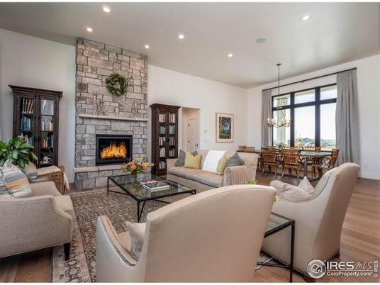 Dining room, Fireplace, Interior, Living room, Pendant Lights, Recessed Lighting, Stone Walls, Wood Texture Flooring