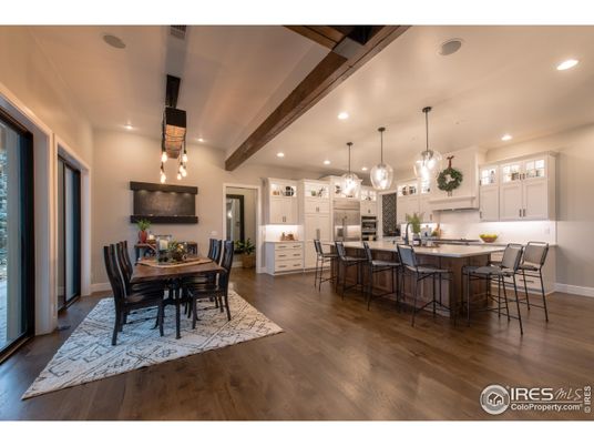 Dining room, Interior, Kitchen, Pendant Lights, Recessed Lighting, Wooden Beams, Wood Texture Flooring
