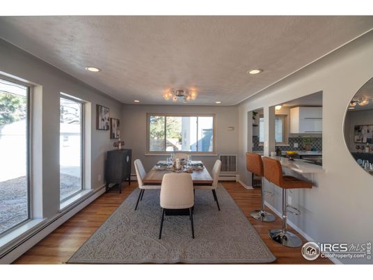 Dining room, Interior, Recessed Lighting, Wood Texture Flooring
